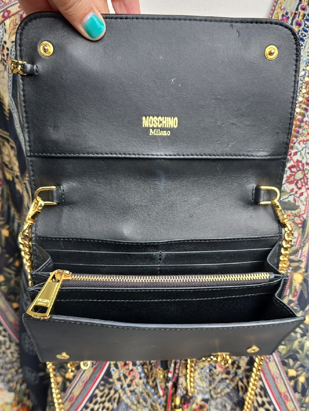 Moschino Black and Gold Leather Wallet Crossbody with Statement Logo - Picture 8 of 12